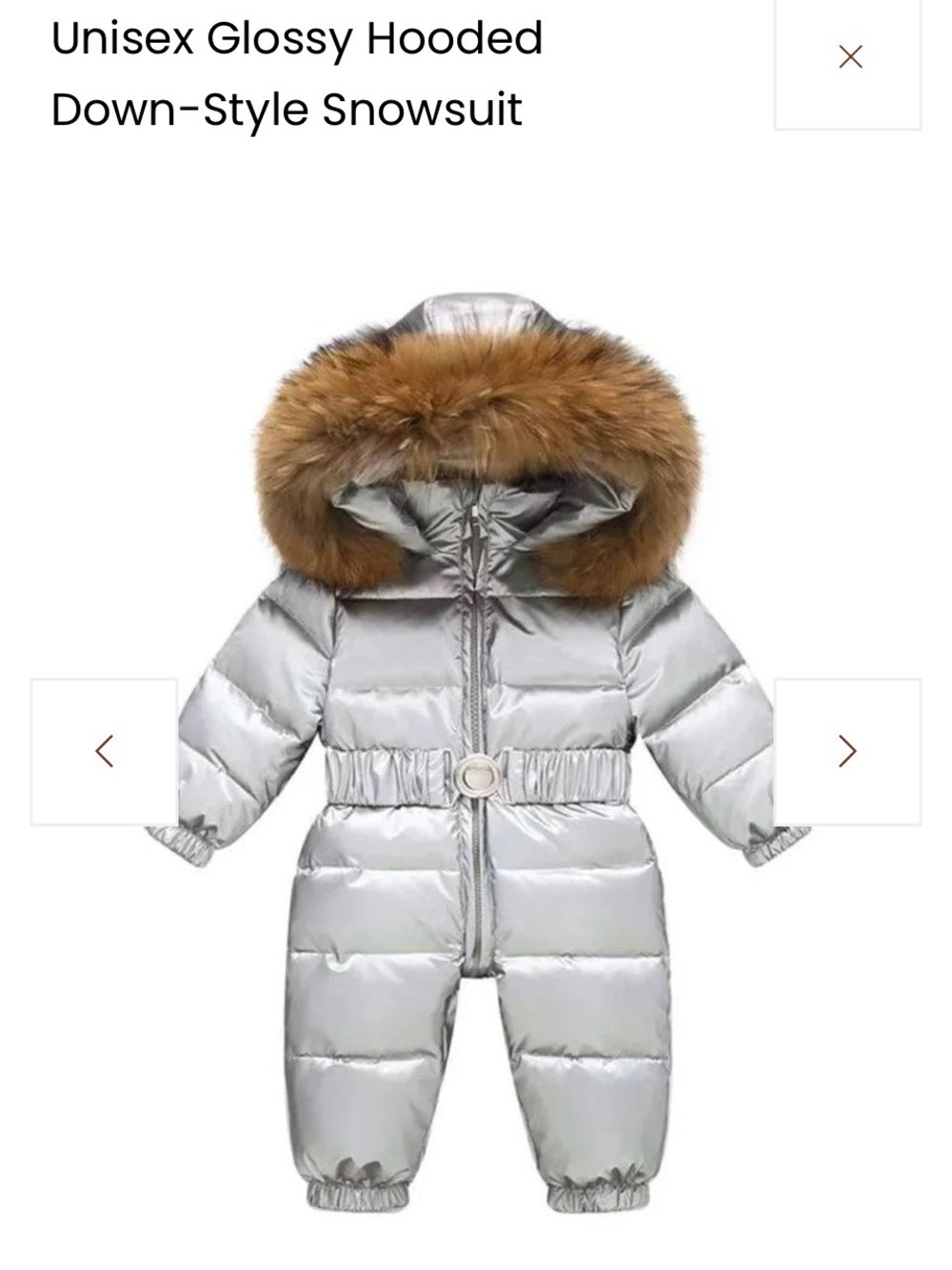 Glossy Silver Hooded Puffer Snowsuit with Faux-Fur Trim